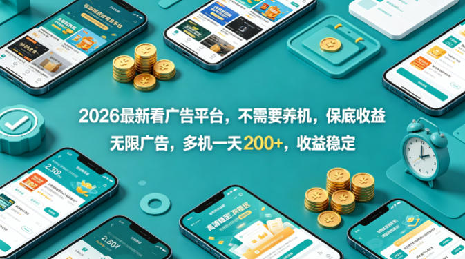 2026最新看广告平台，不需要养机，保底收益，无限广告，多机一天200+，收益稳定【揭秘】-优优云网创