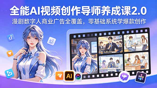 全能AI视频创作导师养成课2.0，漫剧数字人商业广告全覆盖，零基础系统学爆款创作-优优云网创