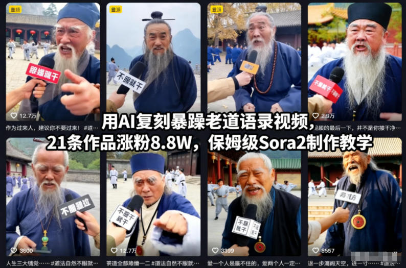 用AI复刻暴躁老道语录视频，21条作品涨粉8.8W，保姆级Sora2制作教学-爱创业网资源库