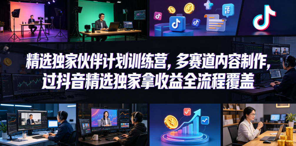 小豁食堂精选独家伙伴计划训练营，多赛道内容制作，过抖音精选独家拿收益全流程覆盖-优优云网创