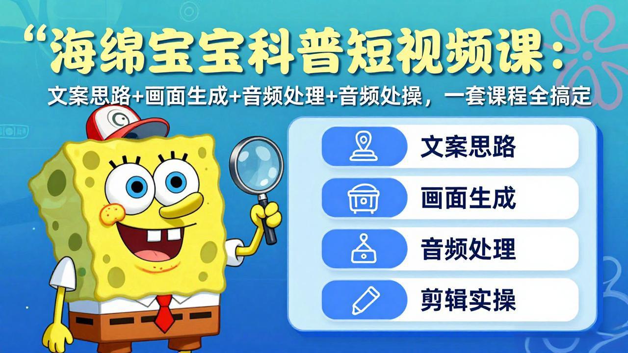 海绵宝宝科普短视频课：文案思路+画面生成+音频处理+剪辑实操，一套课程全搞定-优优云网创