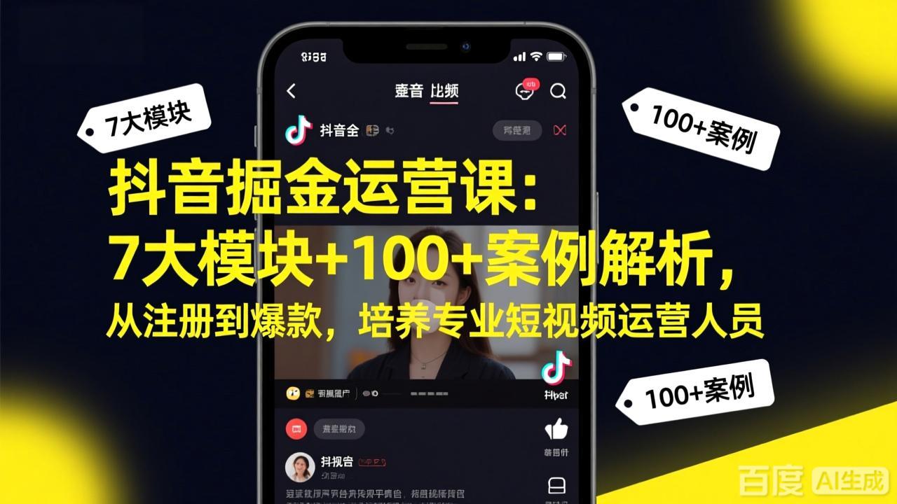 抖音掘金运营课：7大模块+100+案例解析，从注册到爆款，培养专业短视频运营人员-优优云网创
