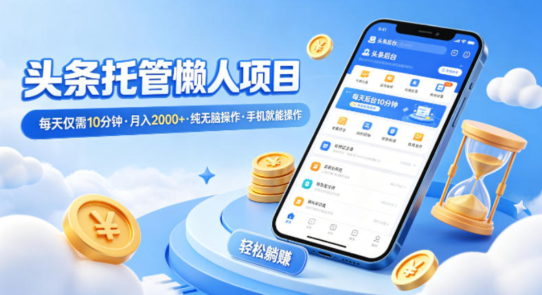 头条托管懒人项目，每天仅需10分钟，月入2000+，纯无脑操作，手机就能操作【揭秘】-优优云网创