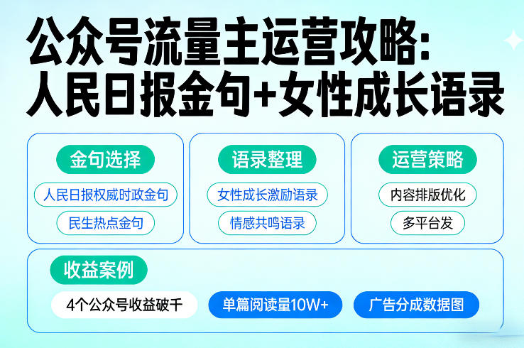 利用人民日报金句+女性成长语录做公众号流量主，4个公众号收益破千-优优云网创