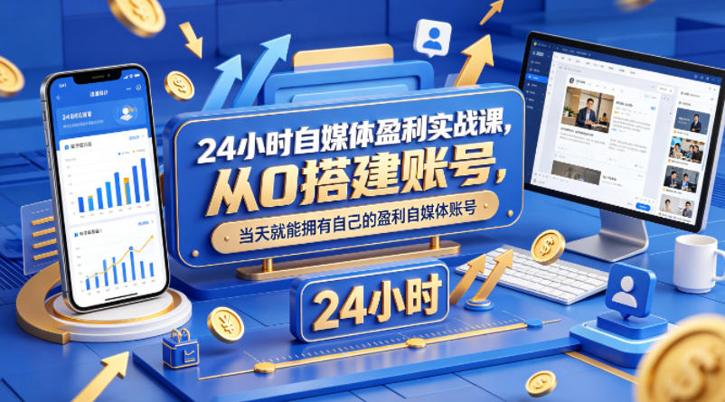 24小时自媒体盈利实战课，从0搭建账号，当天就能拥有自己的盈利自媒体账号-优优云网创