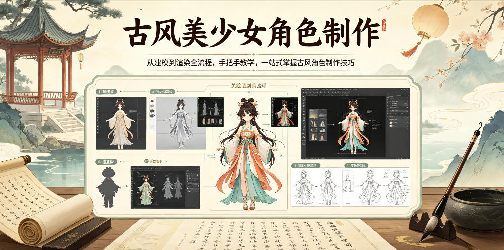 古风美少女角色制作，从建模到渲染全流程，手把手教学，一站式掌握古风角色制作技巧-优优云网创