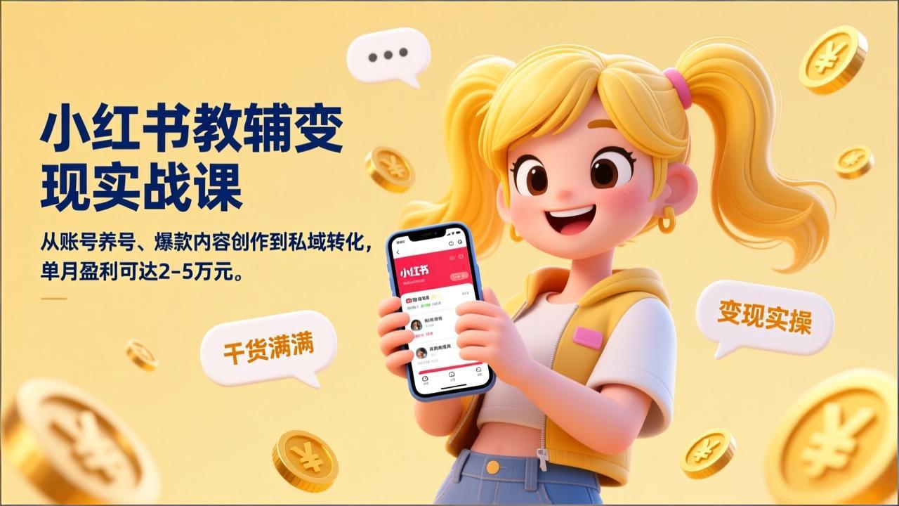 小红书教辅变现实战课，从账号养号、爆款内容创作到私域转化，单月盈利可达2-5万元-优优云网创
