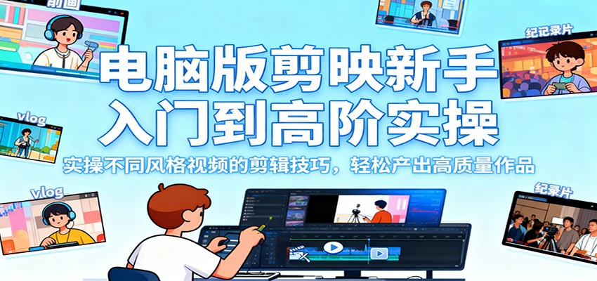 电脑版剪映新手入门到高阶实操，实操不同风格视频的剪辑技巧，轻松产出高质量作品-云网创