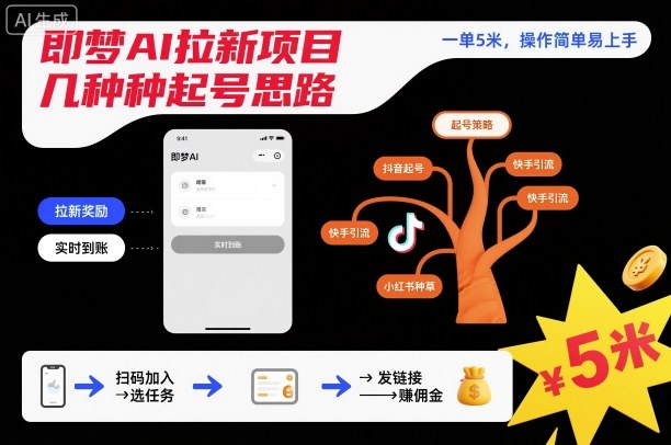 即梦AI拉新项目几种起号思路，一单5米，操作简单易上手-云网创