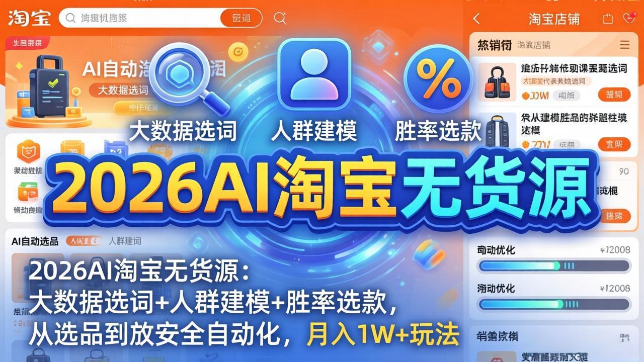 2026AI淘宝无货源-4月更新：大数据选词+人群建模+胜率选款，从选品到放大全自动化，月入1W+玩法-优优云网创