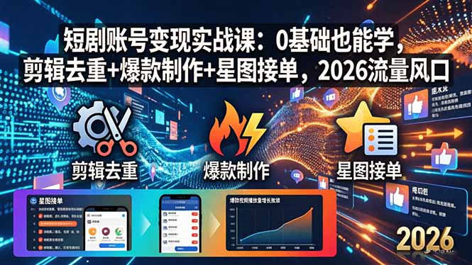 短剧账号变现实战课：0基础也能学，剪辑去重+爆款制作+星图接单，2026流量风口-优优云网创