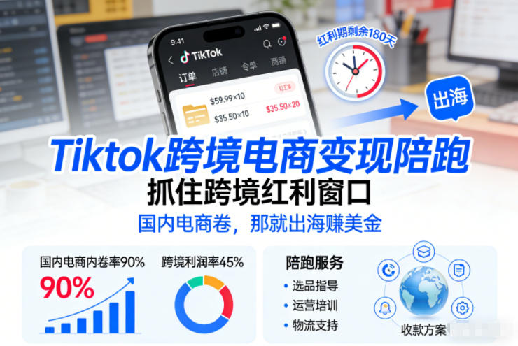 Tiktok跨境电商变现陪跑，抓住跨境红利窗口，国内电商卷，那就出海賺美金-优优云网创