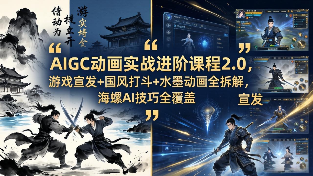 AIGC动画实战进阶课程2.0，游戏宣发+国风打斗+水墨动画全拆解，海螺AI技巧全覆盖-优优云网创