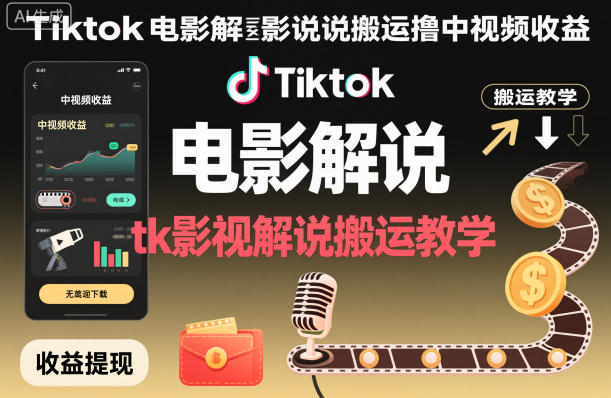 Tiktok电影解说搬运撸中视频收益,tk影视解说搬运教学-云网创