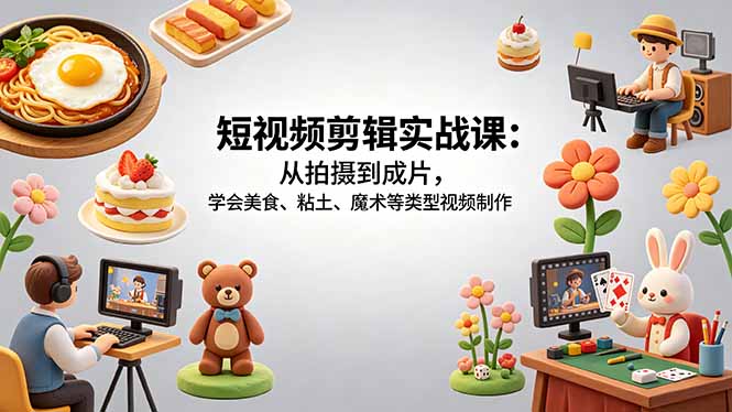 短视频剪辑实战课：从拍摄到成片，学会美食、粘土、魔术等类型视频制作-优优云网创