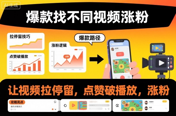 爆款找不同视频涨粉，让视频拉停留，实现点赞，破播放，涨粉-云网创