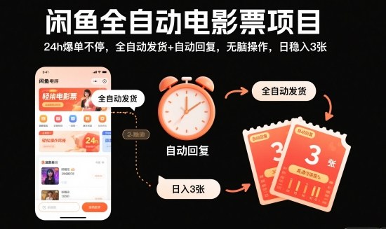 闲鱼全自动电影票项目，24h爆单不停，全自动发货+自动回复，无脑操作，日稳入3张【揭秘】-云网创