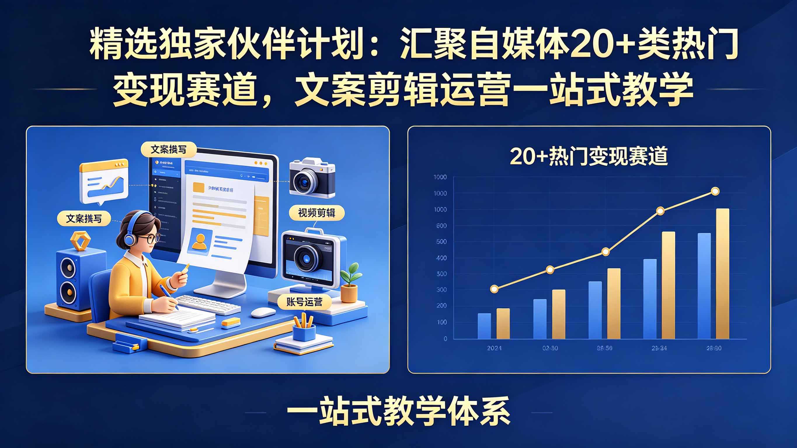精选独家伙伴计划：汇聚自媒体20+类热门变现赛道，文案剪辑运营一站式教学-优优云网创