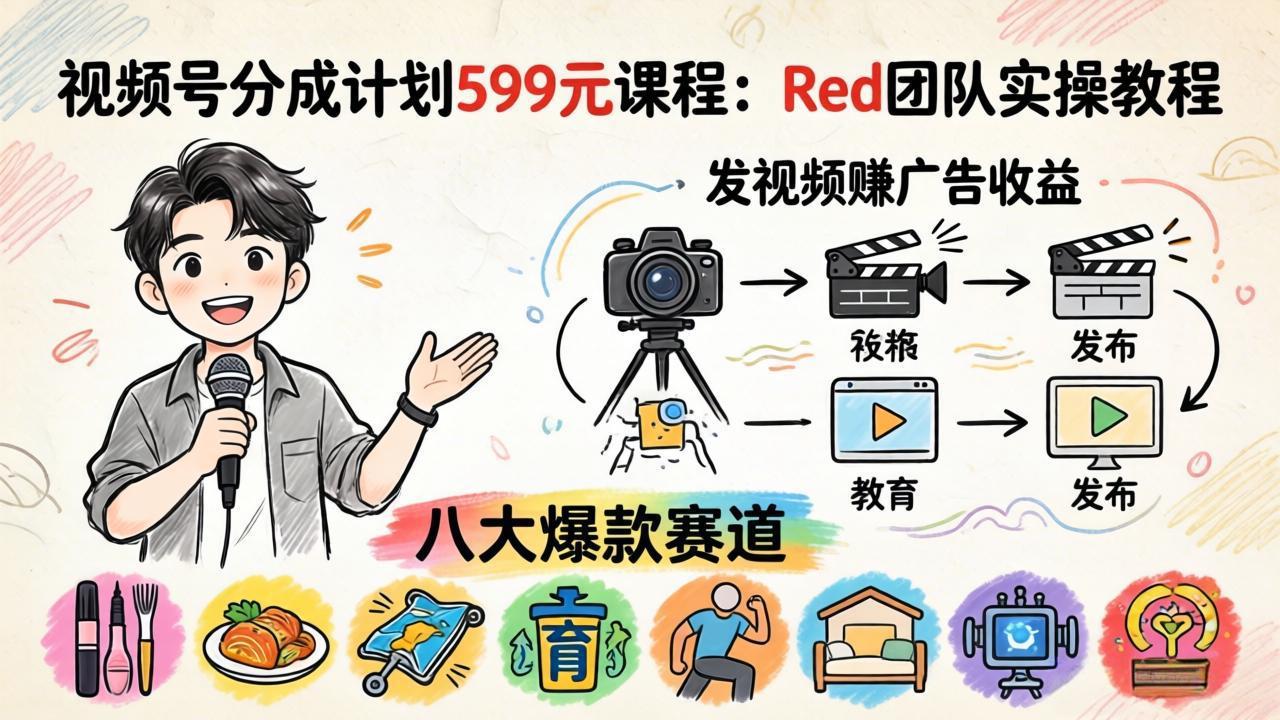 视频号分成计划599元课程：Red团队实操教程，发视频赚广告收益，八大爆款赛道全掌握-优优云网创