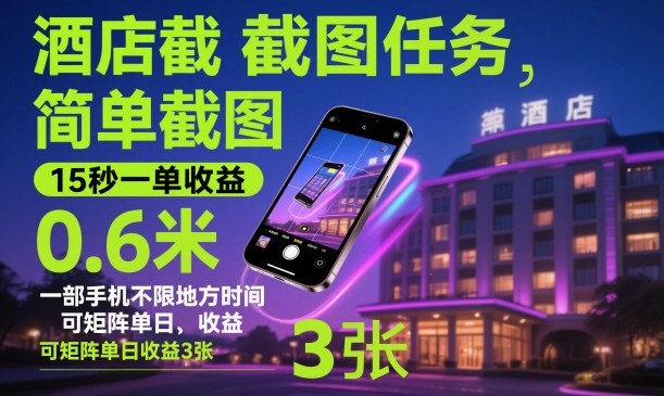 酒店截图任务,简单截图,15秒一单收益0.6米,一部手机不限地方时间,可矩阵单日收益3张【揭秘】-焱冰网创资源库