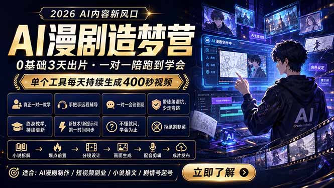 AI漫剧造梦营：0基础3天出片，单个工具每天持续生成400秒视频-优优云网创