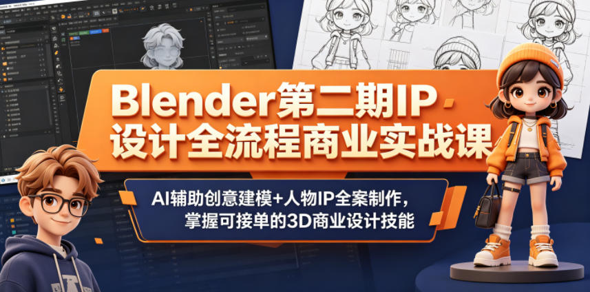 Blender第二期IP设计全流程商业实战课，AI辅助创意建模+人物IP全案制作，掌握可接单的3D商业设计技能-优优云网创