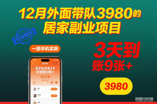 12月外面带队3980的居家副业项目,一部手机实测3天到账9张+,首发教程【揭秘】-优优云网创