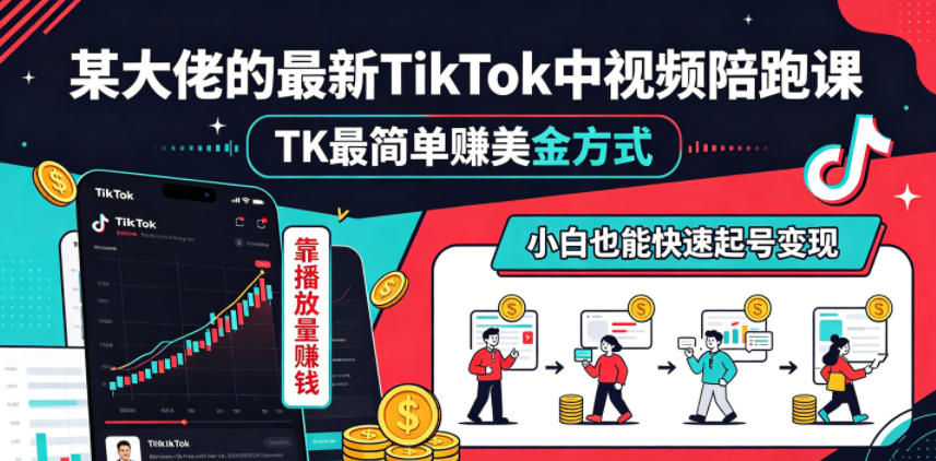 某大佬的最新TikTok中视频陪跑课，TK最简单賺美金方式，靠播放量賺钱，小白也能快速起号变现-优优云网创