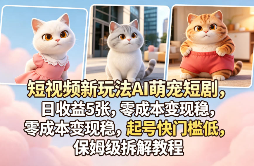 短视频新玩法AI萌宠短剧，日收益5张，零成本变现稳，起号快门槛低，保姆级拆解教程-优优云网创
