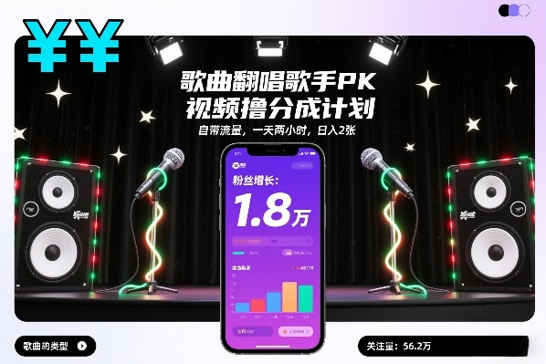歌曲翻唱歌手PK视频撸分成计划，自带流量，一天两小时，日入2张-优优云网创