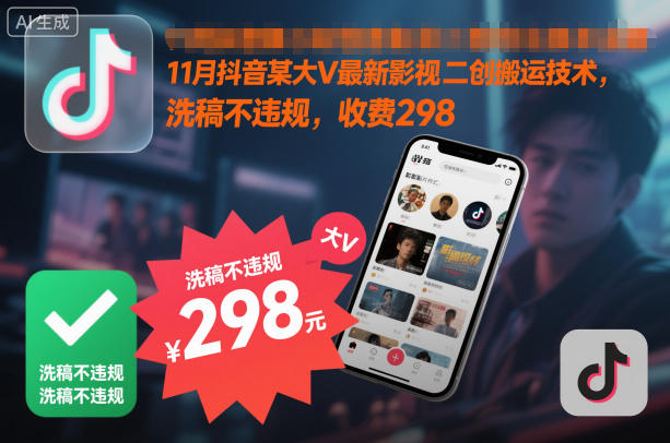 11月抖音某大V最新影视二创搬运技术，洗稿不违规，收费298-优优云网创