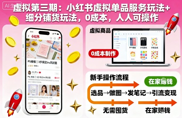 虚拟第三期:小红书虚拟单品服务玩法+细分铺货玩法,0成本,人人可操作-云网创