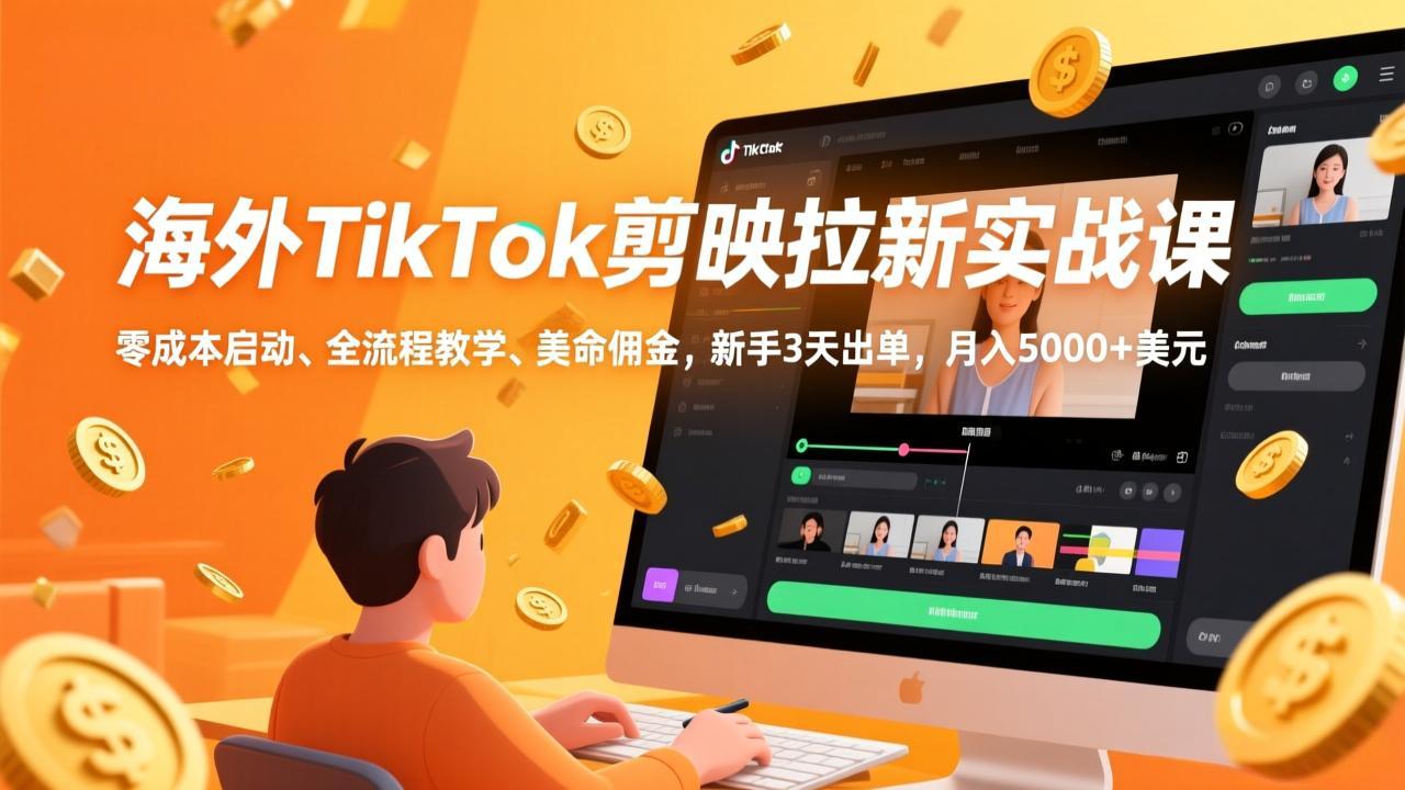 海外TikTok剪映拉新实战课，零成本启动、全流程教学、美金佣金，新手3天出单，月入5000+美元-优优云网创