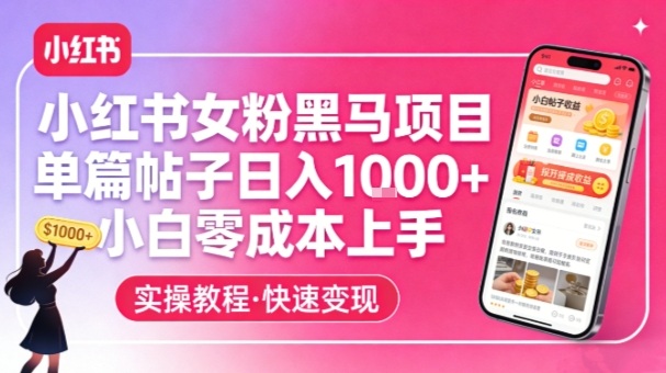 小红书女粉黑马项目，单篇帖子日入1k+，小白零成本上手-优优云网创