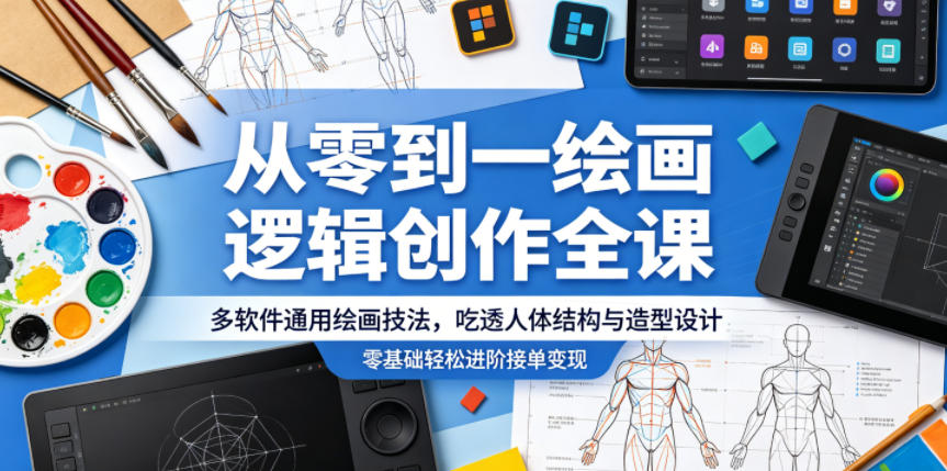 从零到一绘画逻辑创作全课，多软件通用绘画技法，吃透人体结构与造型设计，零基础轻松进阶接单变现-优优云网创