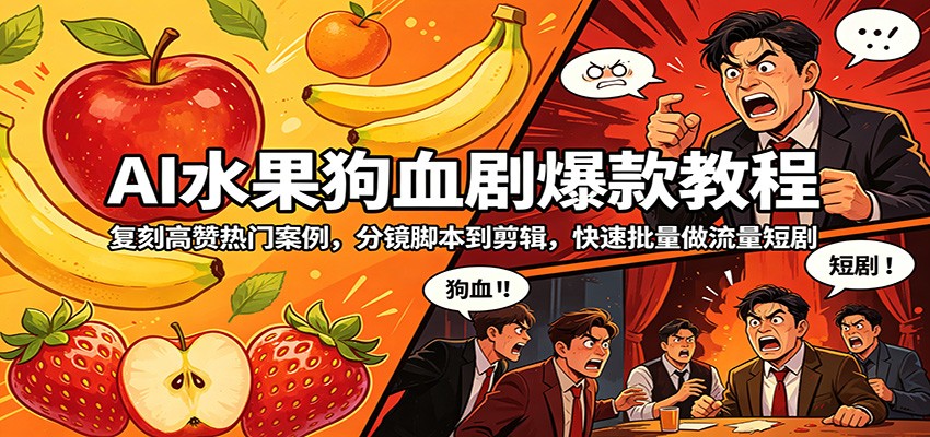 AI水果狗血剧爆款教程：复刻高赞热门案例，分镜脚本到剪辑，快速批量做流量短剧-优优云网创
