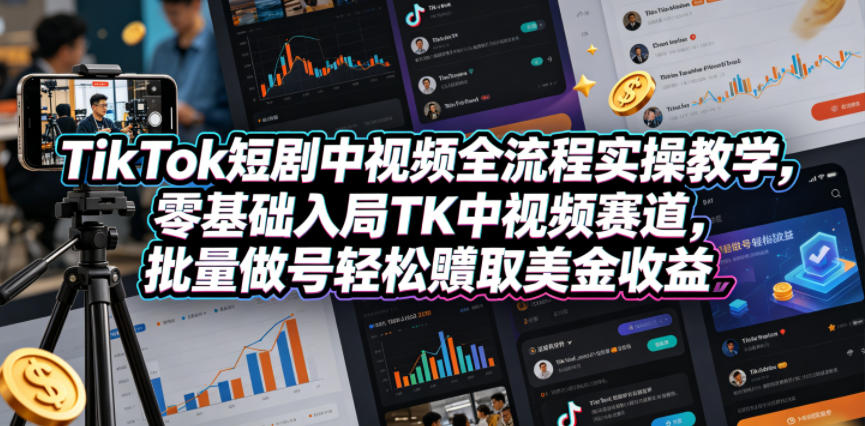 TikTok短剧中视频全流程实操教学，零基础入局TK中视频赛道，批量做号轻松賺取美金收益-优优云网创