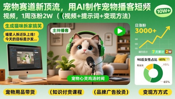 宠物赛道新顶流，用AI制作宠物播客短视频，1周涨粉2W(视频+提示词+变现方法)-优优云网创