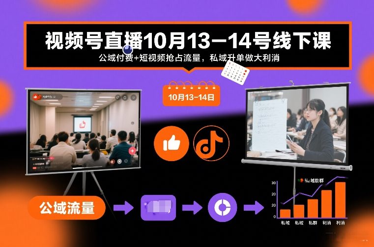 视频号直播10月13-14号线下课，公域付费+短视频抢占流量，私域升单做大利消-优优云网创
