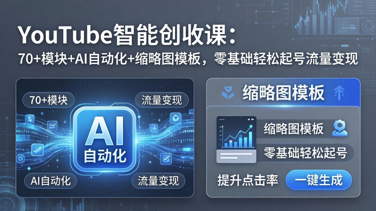 YouTube智能创收课:70+模块+AI自动化+缩略图模板,零基础轻松起号流量变现-优优云网创