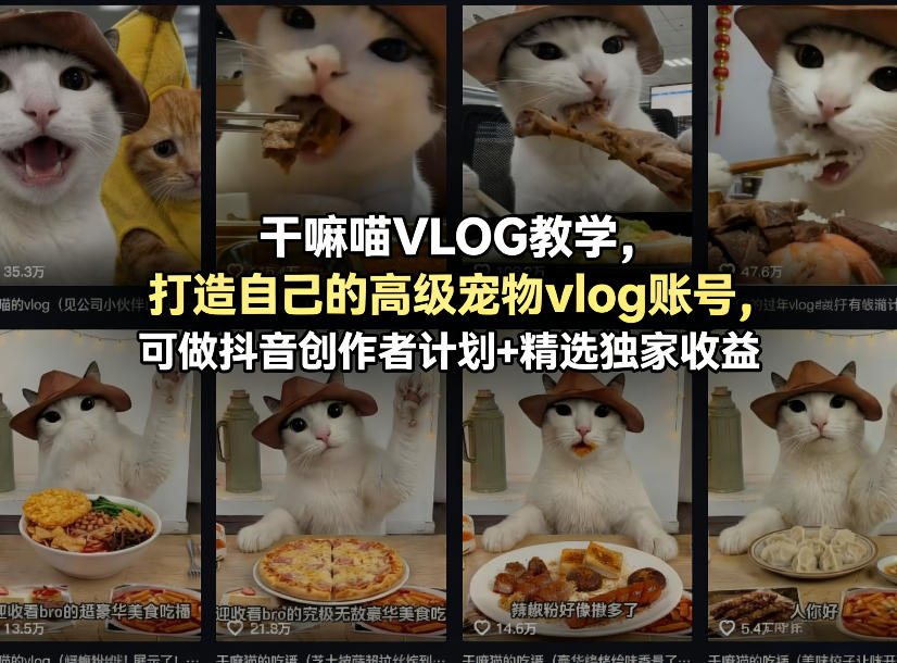 干嘛喵VLOG教学，打造自己的高级宠物vlog账号，可做抖音创作者计划+精选独家收益-优优云网创