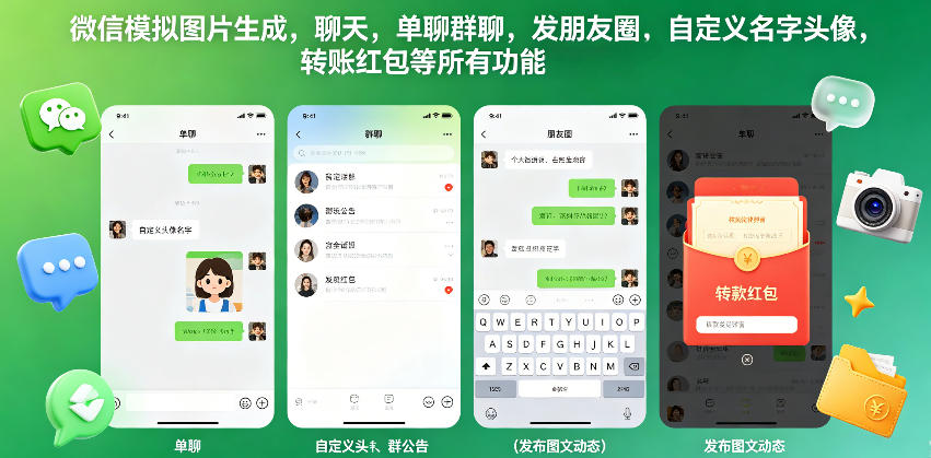 微信模拟图片生成，聊天，单聊群聊，发朋友圈，自定义名字头像，转账红包等所有功能都可以生成-优优云网创