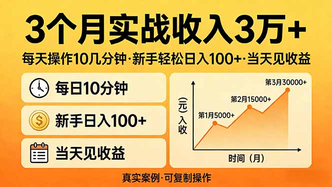 3个月实战收入3万+，每天操作10几分钟，新手轻松日入100+，当天见收益-优优云网创