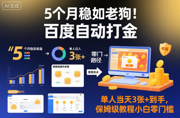 5个月稳如老狗！百度自动打金，单人当天3张+到手，保姆级教程小白零门槛【揭秘】-云网创