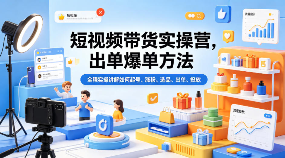 短视频带货实操营，出单爆单方法，全程实操讲解如何起号、涨粉、选品、出单、投放-优优云网创