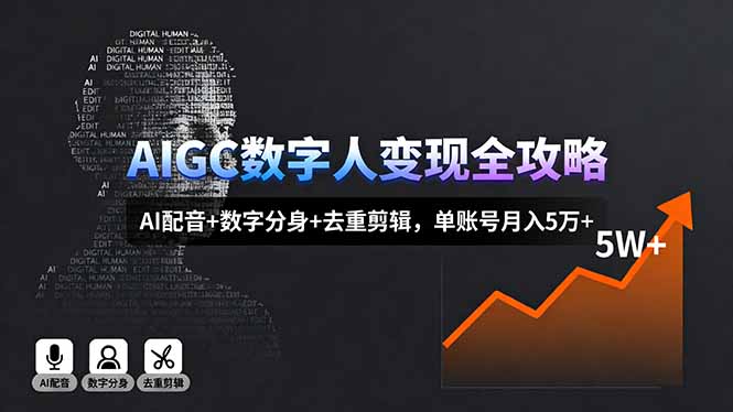 AIGC数字人变现全攻略,AI配音+数字分身+去重剪辑,单账号月入5万+-云网创