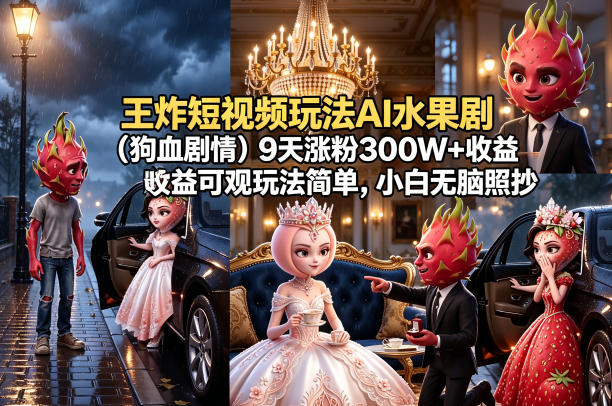 王炸短视频玩法AI水果剧(狗血剧情)9天涨粉300W+收益可观玩法简单，小白无脑照抄，详细拆解玩法-优优云网创