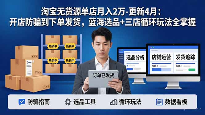 淘宝无货源5.0单店月入2万-更新4月：开店防骗到下单发货，蓝海选品+三店循环玩法全掌握-优优云网创