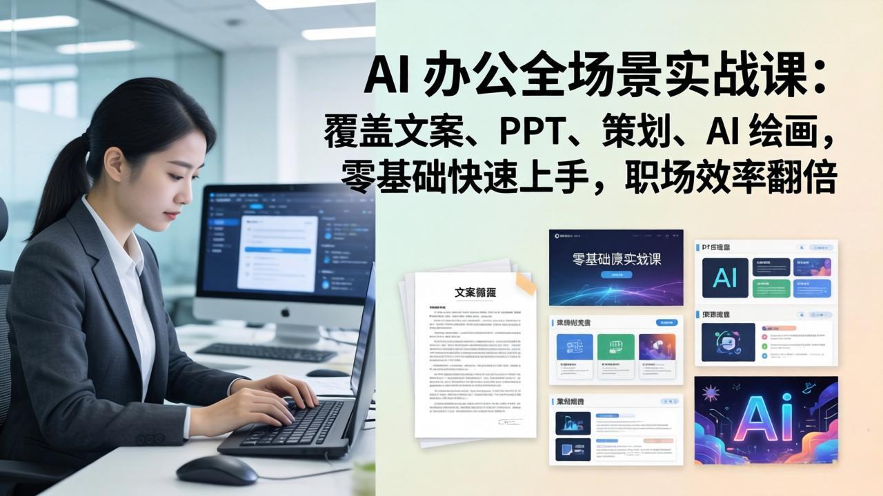 AI 办公全场景实战课：覆盖文案、PPT、策划、AI 绘画，零基础快速上手，职场效率翻倍-优优云网创