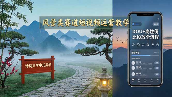 风景类赛道短视频运营教学:诗词文学中式美学,新号养号对标账号定位,DOU+高性价比投放全流程-优优云网创